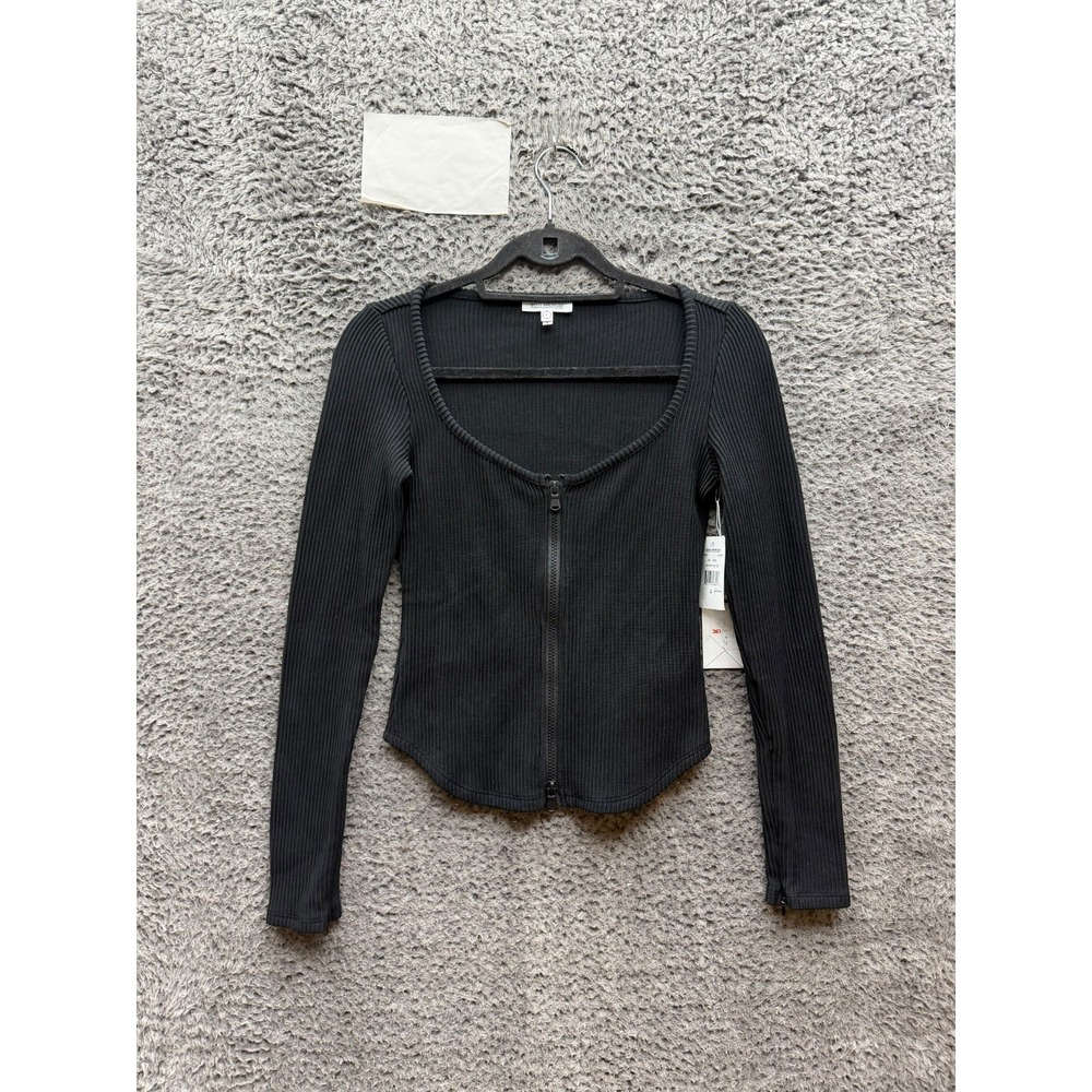 NWT Good American Dramatic Zip Front Ribbed Long Sleeve Top Black Womens Size 2